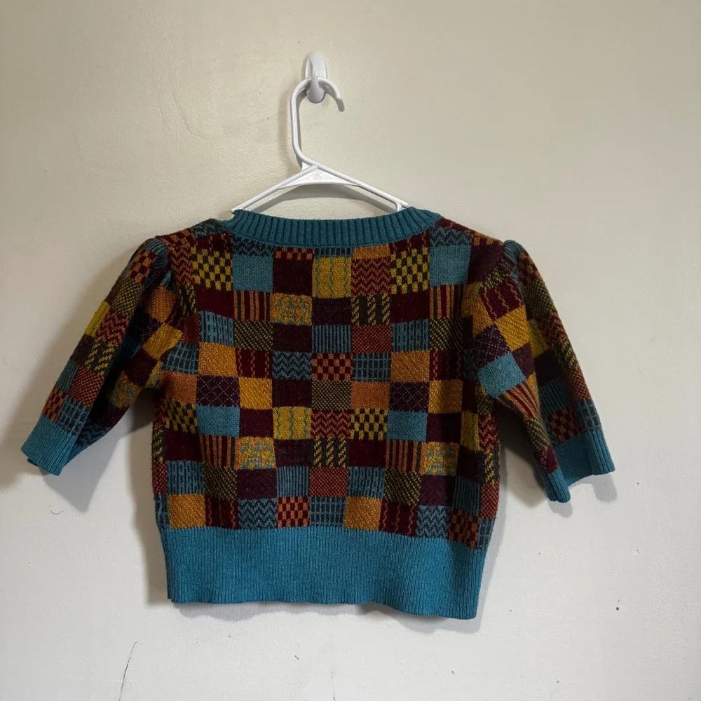 Rough Los Angeles Women's Small Patchwork Checkered Knit Crop Top Sweater Teal
